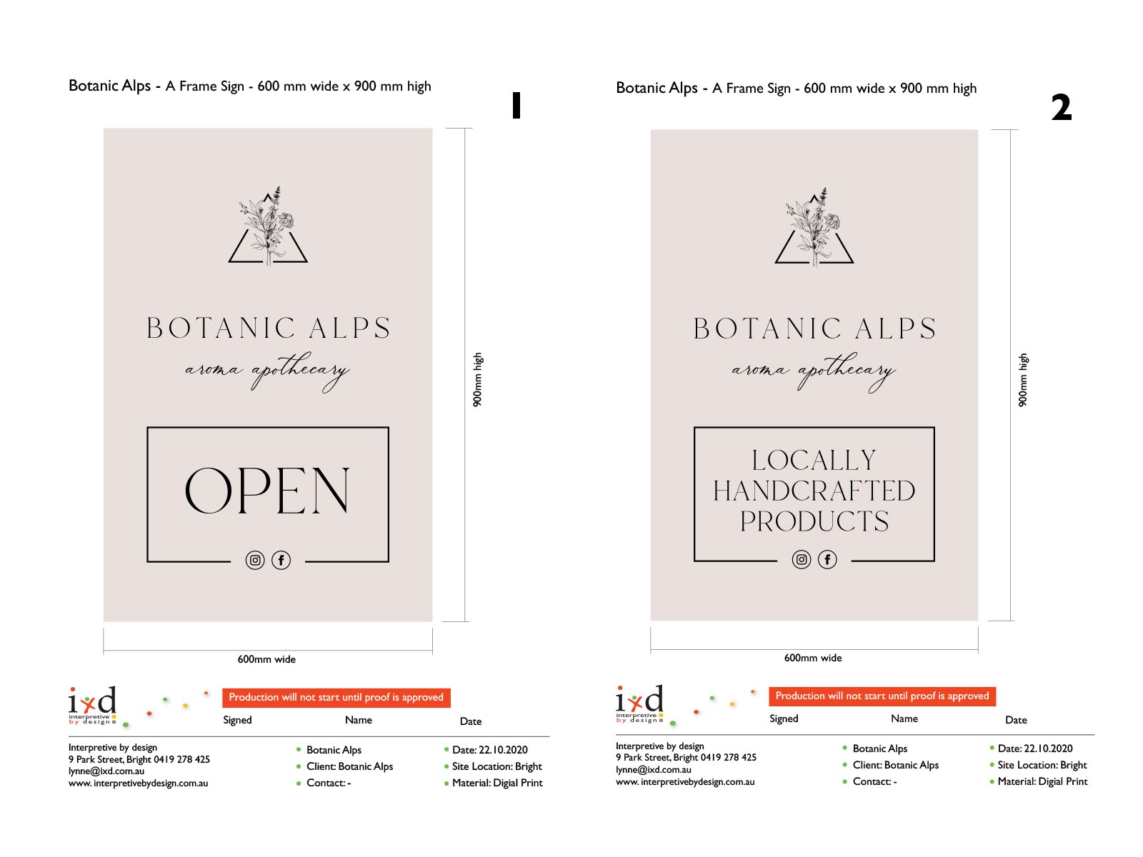 Botanic Alps A-Frame Shopfront Sign - Side 1 and 2 sign off sheet